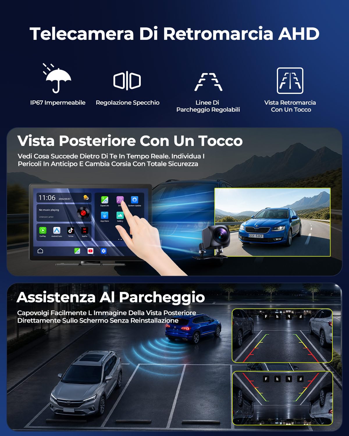 LAMTTO Carplay Wireless Schermo per Auto da 11 Pollici Con Video YouTube TikTok, Portatile Apple CarPlay & Android Auto Con Telecamera Posteriore/Navigazione/Touchscreen In-Cell/Assistente Vocale/OTA