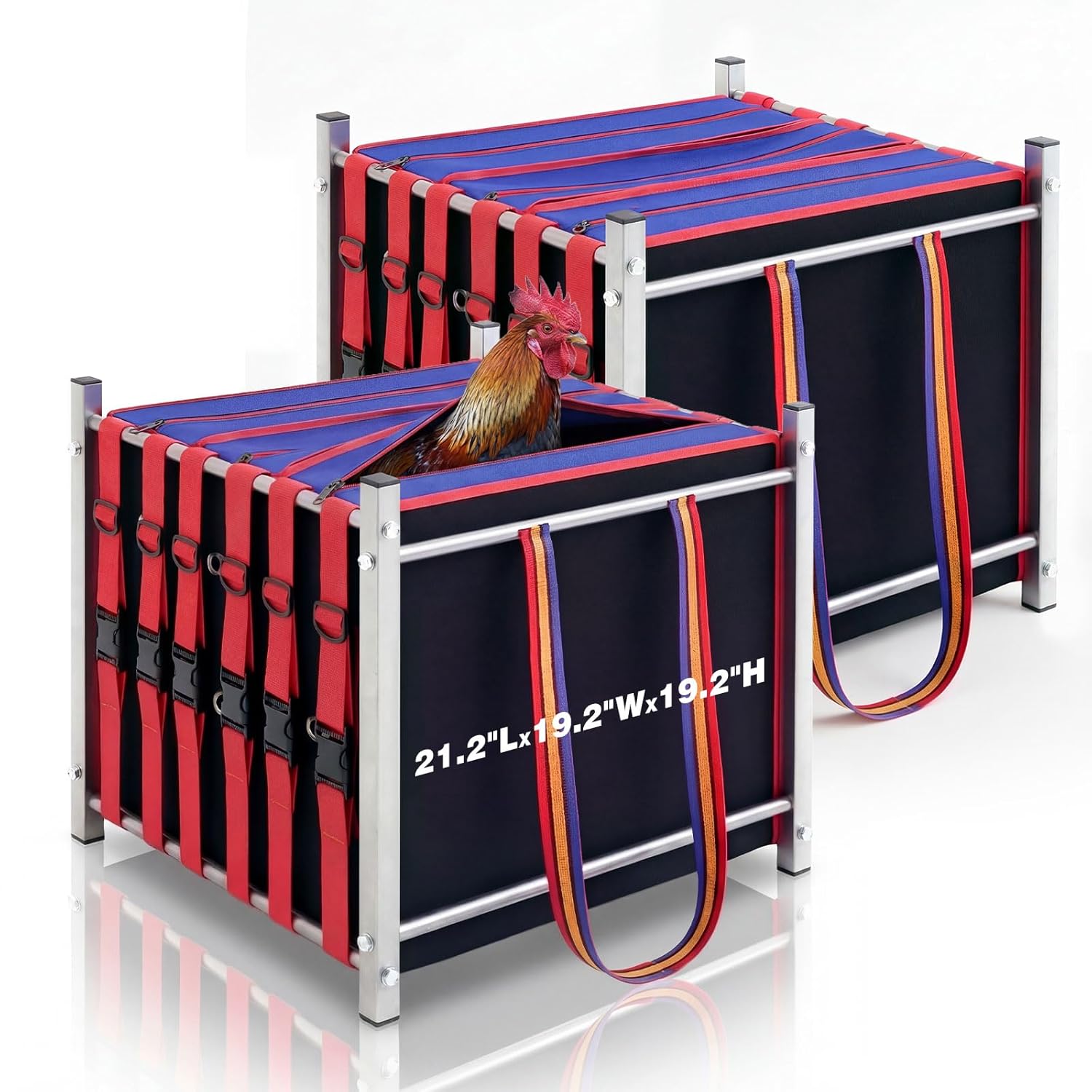 Gilprop 2 Set 3 Compartment Chicken Carrier with Metal Frame, Foldable Rooster Transport Cage, Breathable Canvas Poultry Travel Crate with Handle, Portable Chicken Coop for...