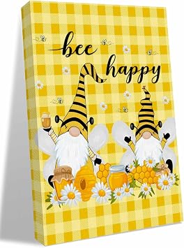 NuYeBiofx Rustic Dwarf Bee Flower Canvas Wall Art Prints,40"x28" Framed Picture Artwork Pastoral Theme Yellow Buffalo Plaid Printed Canvas Oil Painting for Living Room Bedroom Office,Ready to Hang