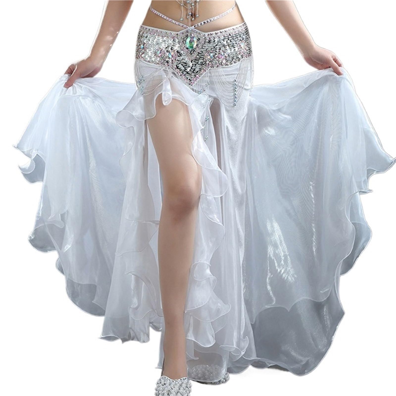 TRRYUIP Belly Dance Skirt Women Belly Dance Performance Skirt Split Long Chiffon Low Waist Swing Wear Carnival Party Dancing Clothing(White)