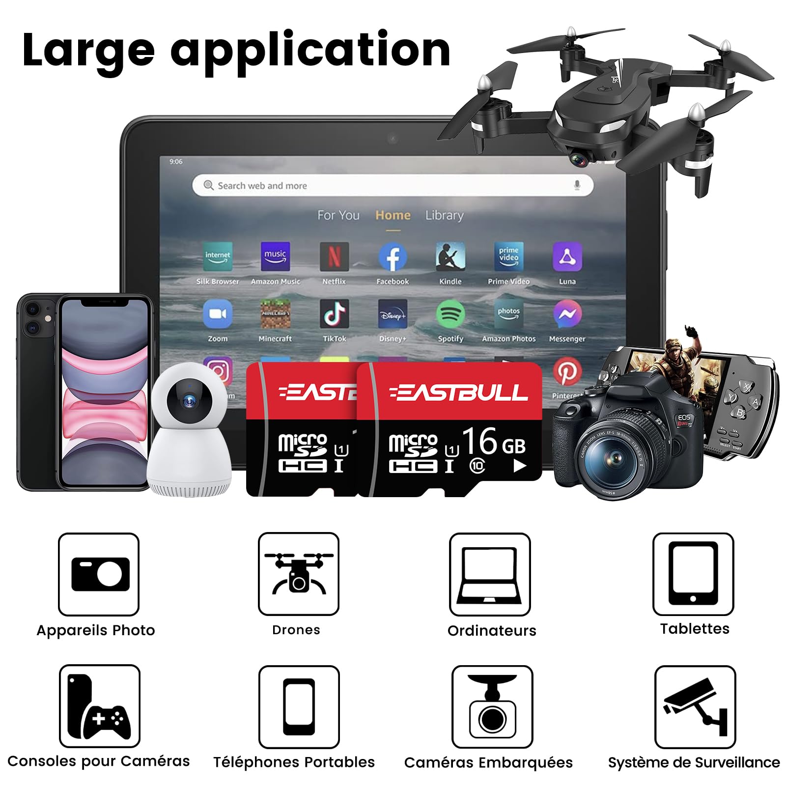Micro SD 16 Go Lot de 10 Cartes, Cartes mémoire SD EASTBULL 16 Go, vidéo Full HD 90 Mo/s UHS-I U1 Micro SDHC Classe 10 pour caméras de Surveillance (10 unités et 2 adaptateurs)