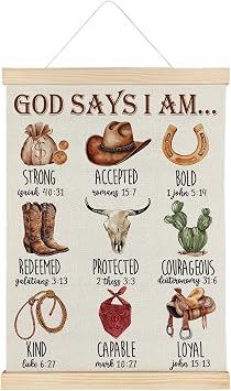 SereneHanctuary Western Christian Wall Art, God Says I Am Cowboy Nursery Wall Decor, Inspirational Religious Bible Verse Poster Hanger Frame for Boys Room Bedroom Church Nursery, 12x16 Inches
