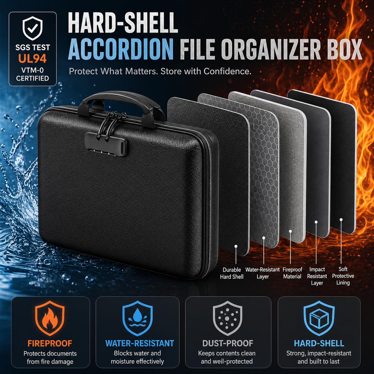 auvstar Carpeta Archivadora Ignífuga,Con Cerradura Caja para Documentos Ignífuga,5200 °F Resistente al Fuego,Ideal para Guardar Documentos Importantes en Casa y en la Oficina