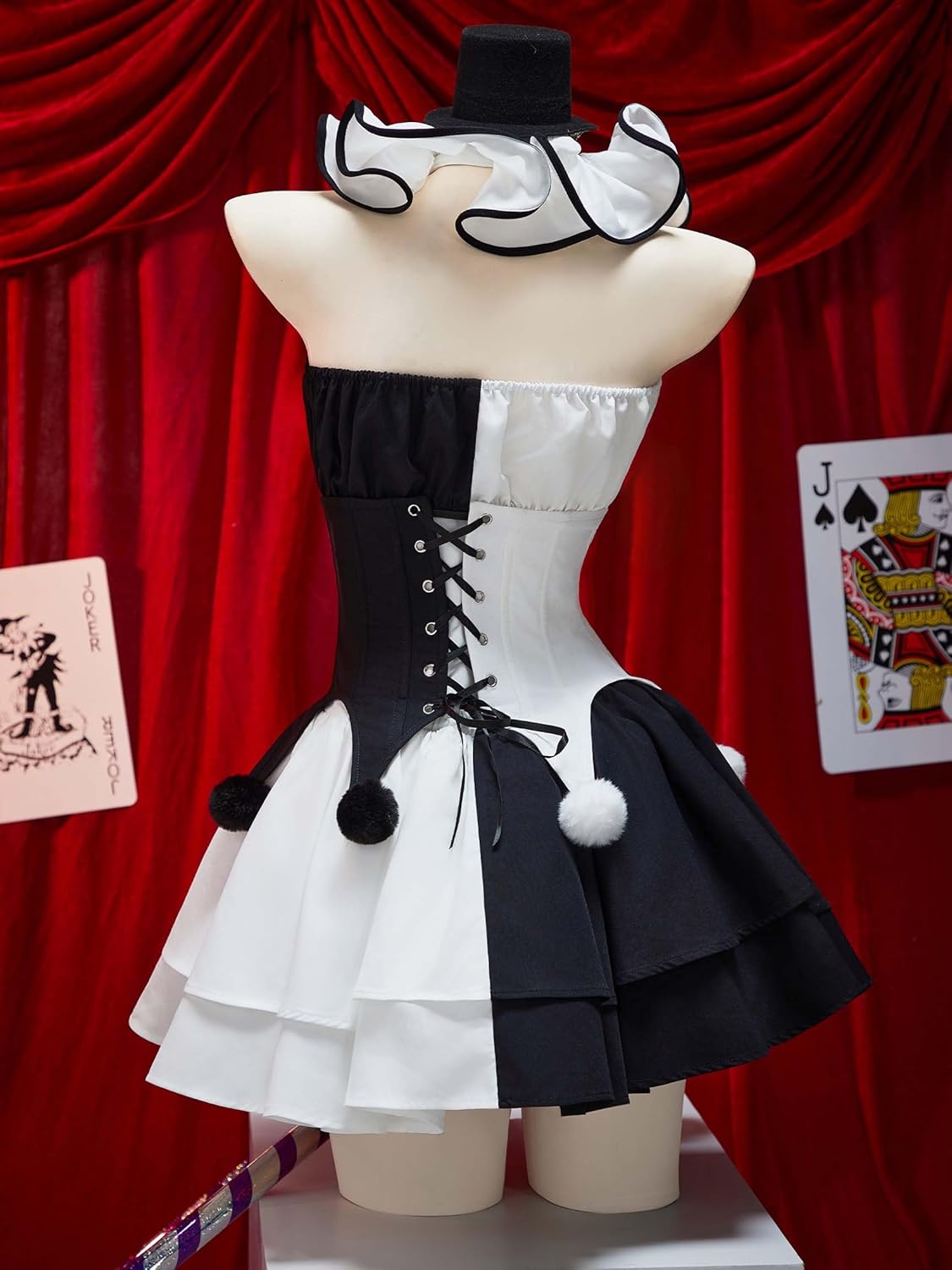 MEOWCOS Women's Goth Dress Halloween Gothic Black White Clashing Color Corset Skirt Set with Socks