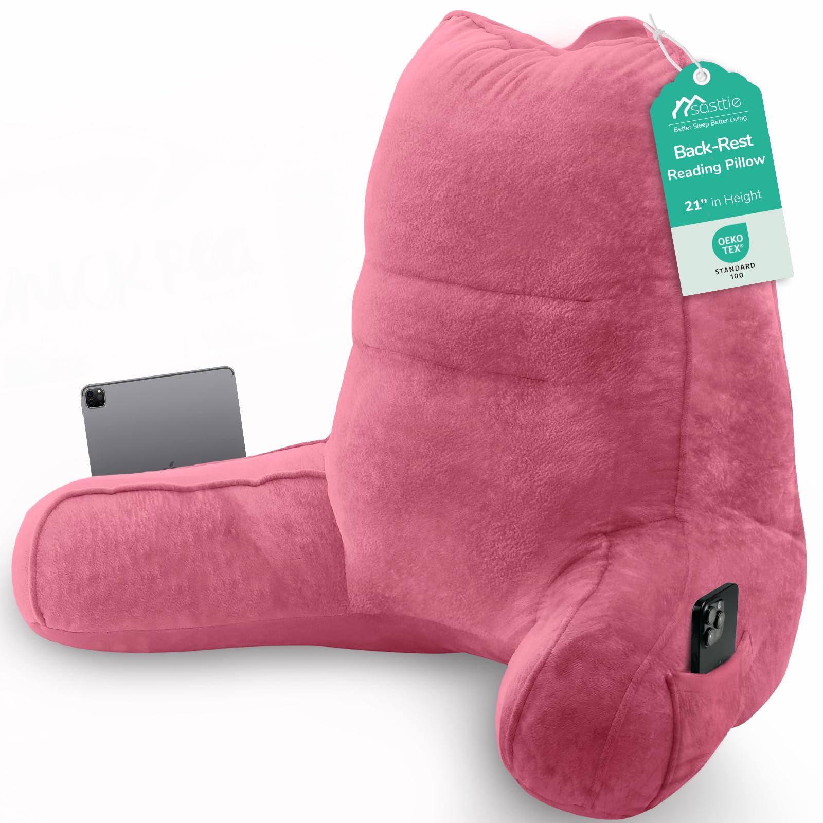 Sasttie Reading Pillow for Bed, Back Pillow for Sitting Up, Rose Pink