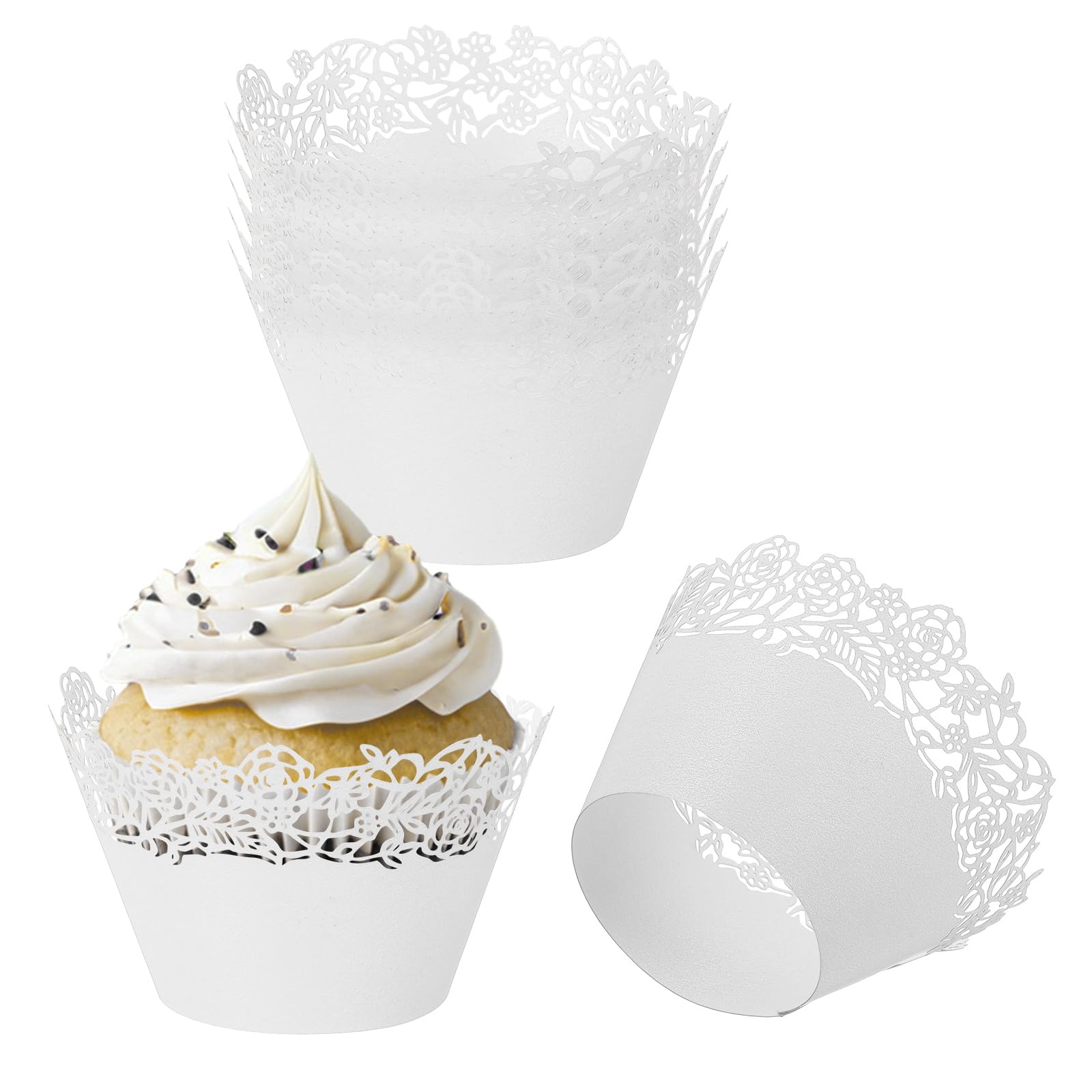 PATIKIL Cupcake Wrappers Paper, 50 Pack Baking Cups Standard Rose Decoration for Anniversary Birthday Weddings Parties, White
