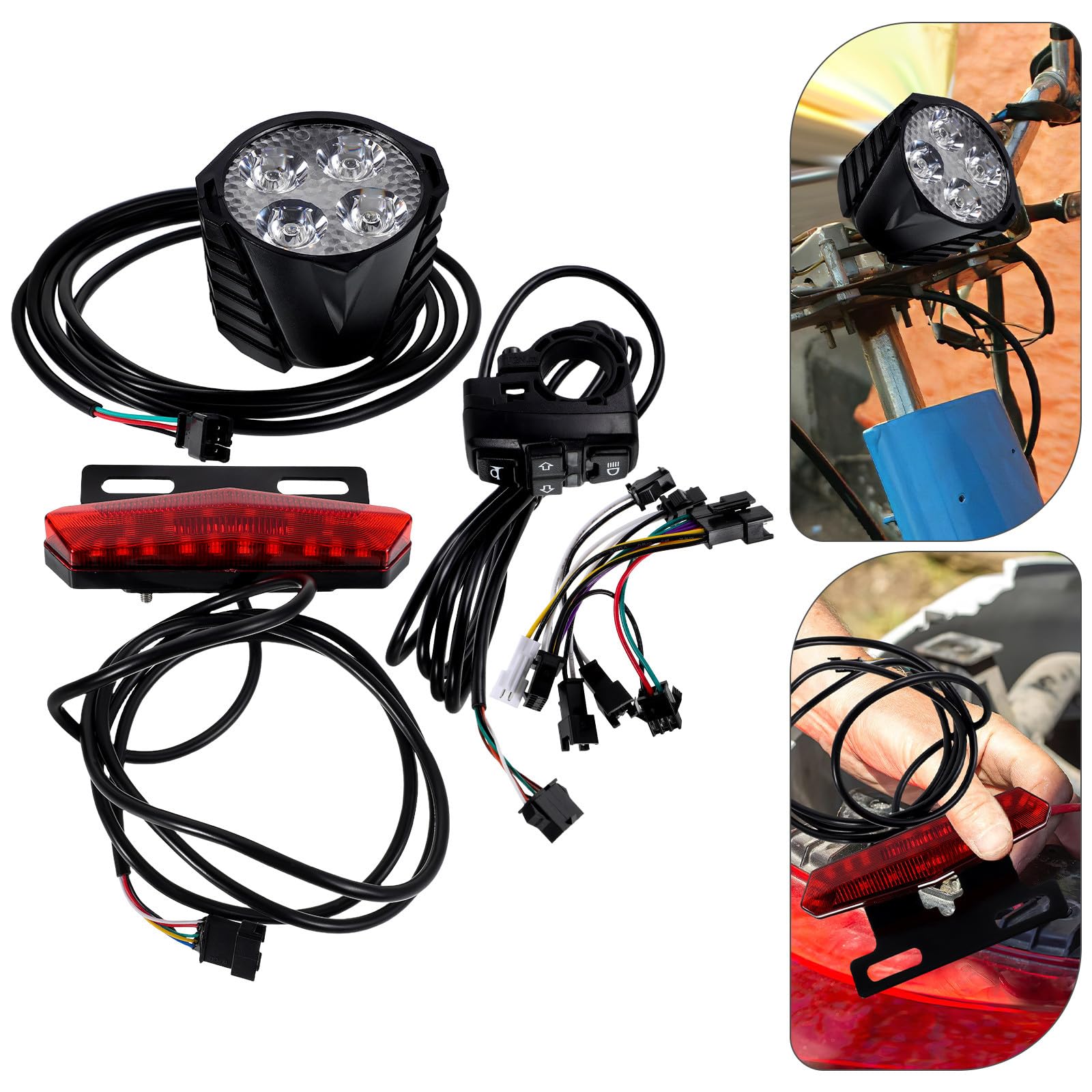 Kit Luci LED per Bicicletta Elettrica con Fanali Anteriori e Posteriori, Indicatori di Direzione, Interruttore Clacson e Cablaggio, Installazione Semplice per Bici, Scooter e Moto