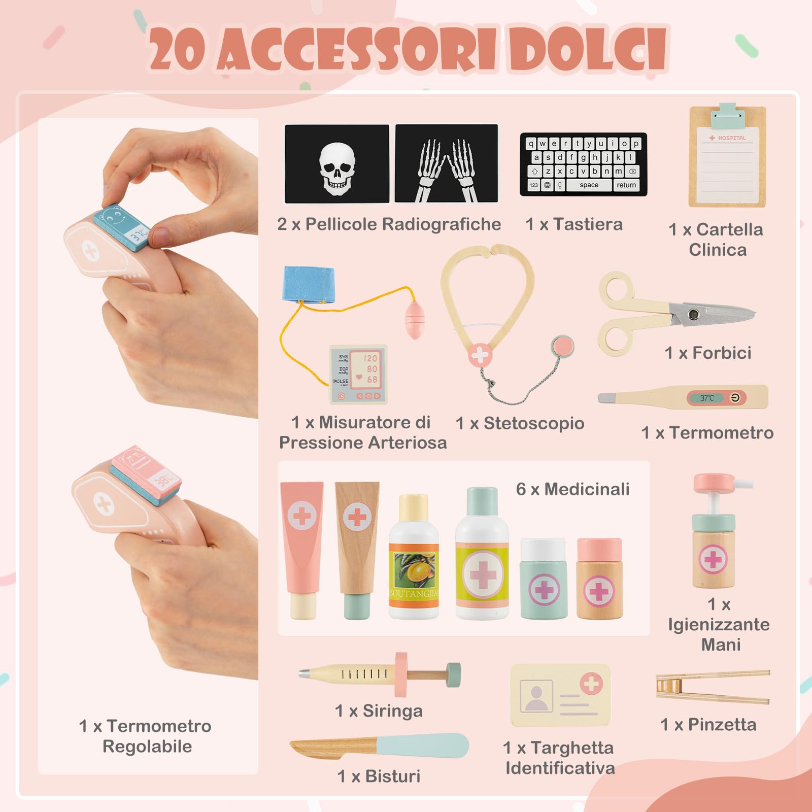COSTWAY Set Gioco Dottore per Bambini, Medico Giocattolo in Legno con Tabella Oculistica, Macchinario CT e Radiografie, Gioco di Ruolo Medico Educativo con Accessori per Bambini 3+ Anni (Rosa)