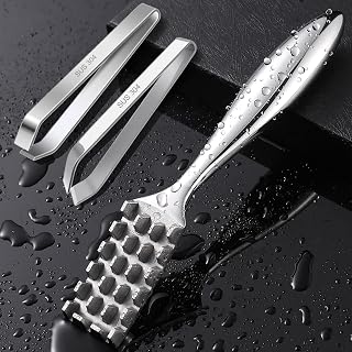 Fish Scaler Set, Premium Fish Descaler Tool, Stainless Steel Fish Scale Remover with Serrated Sawtooth Ergonomic Handle for Kitchen, Seafood Markets (Fish Scaler + 2 Pack Fish Bone Tweezers)