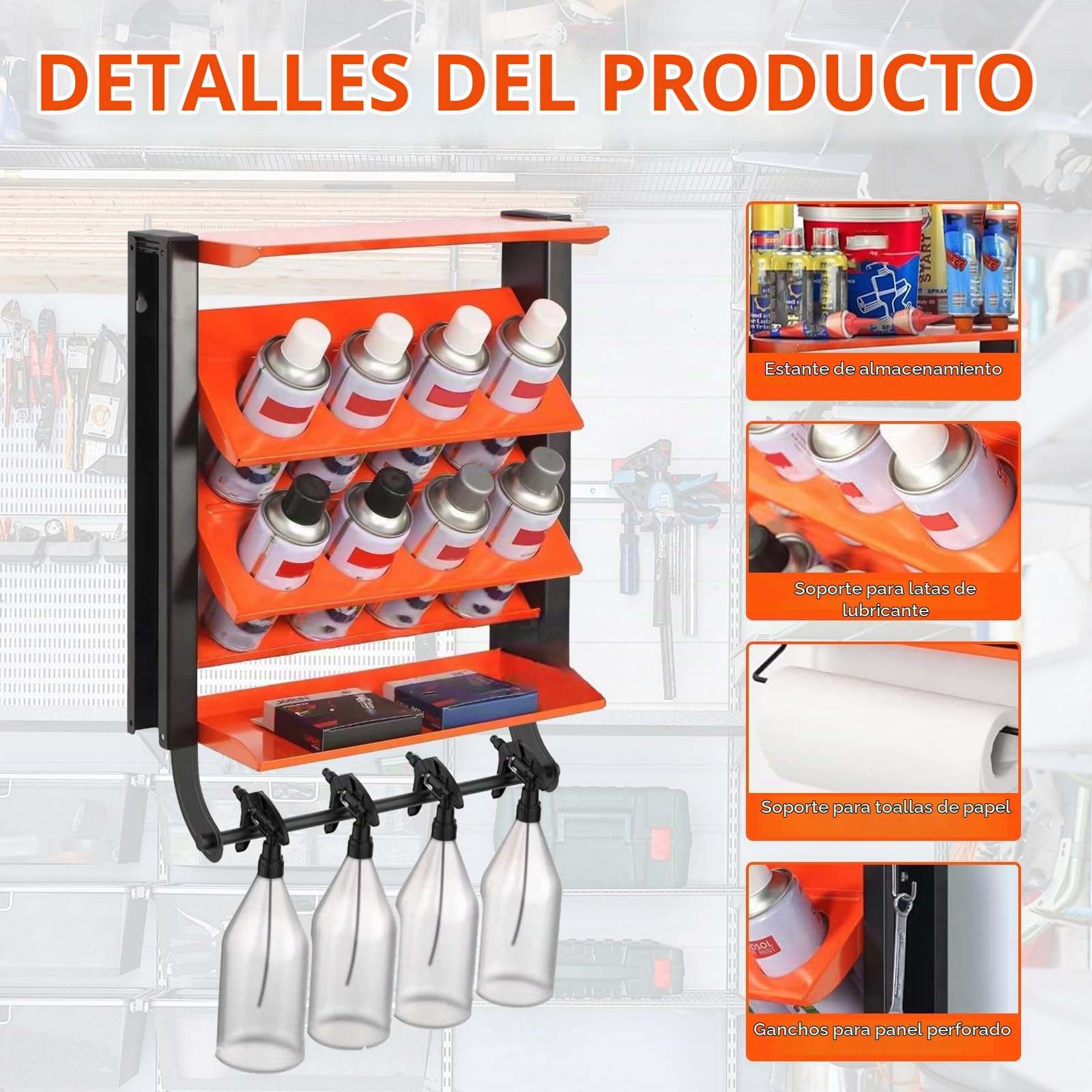 Portalatas, Soporte para Botellas De Spray Estante De Pared Soporte para Latas Armario De Almacenamiento para Taller De 8 Ranuras para Garaje Tienda Y Hogar