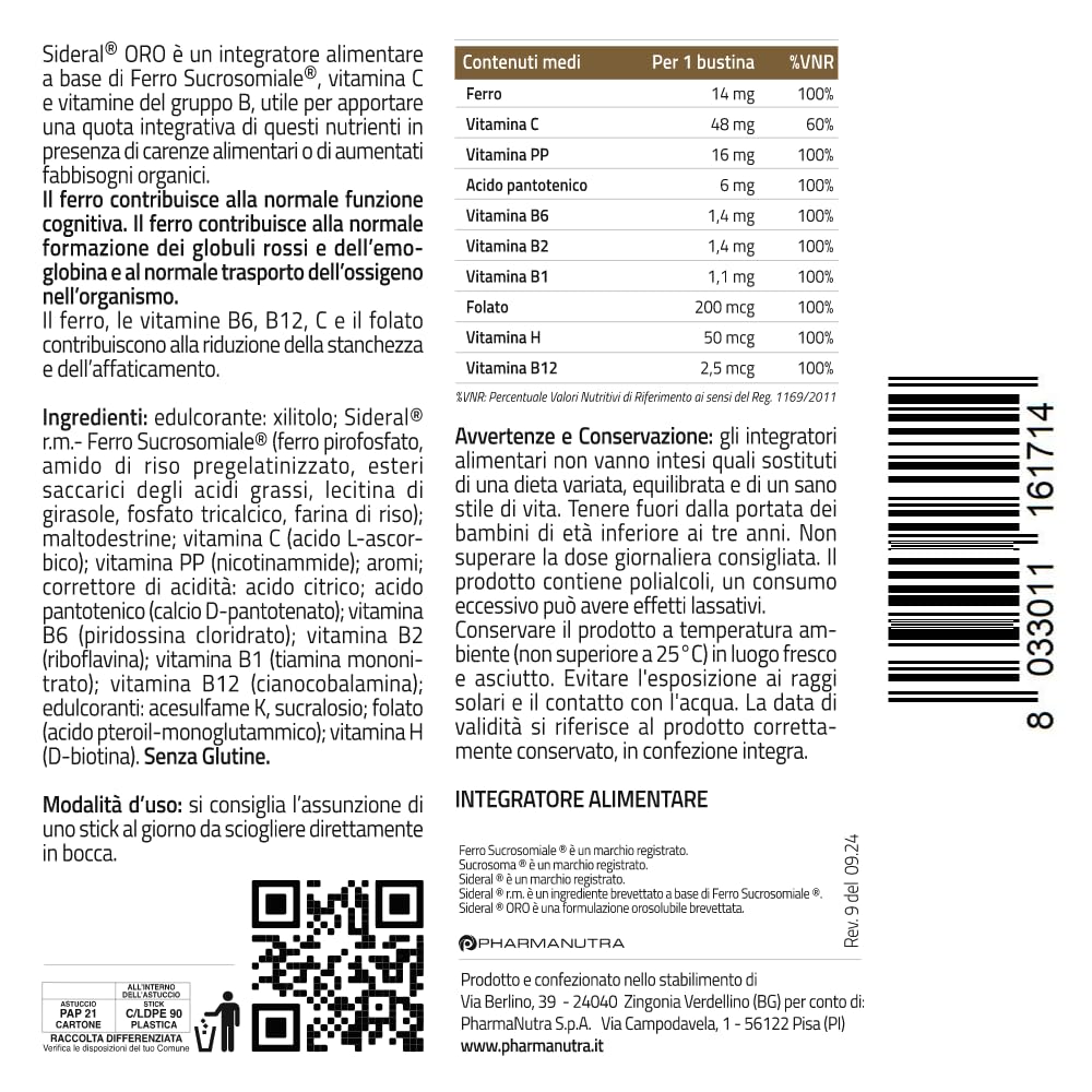 SiderAL ORO integratore alimentare di Ferro Sucrosomiale® (14 mg), Alto assorbimento e Tollerabilità, NO Glutine - Lattosio, NO gusto metallico, Riduce stanchezza, 20 + 20 Bustine orosolubili