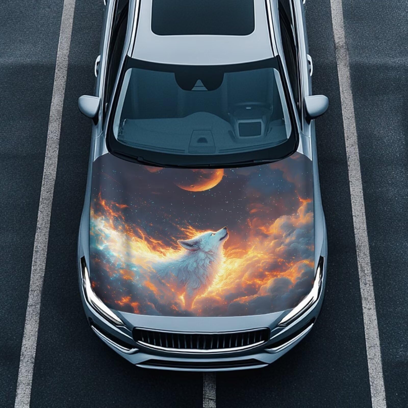 Moon Wolf Print Cat Car Hood Cover Slip-On Washable Elastic Weatherproof Fabric Elastic Band Fixation Fits Most Cars