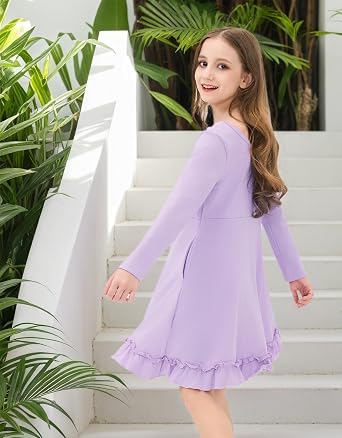 JiAmy Girls' Long Sleeve A-Line Twirl Dress with Hidden Pockets 4-12Y | Polyester-cotton dress with scoop neck, high waist and tiered ruffle hem for school, church and daily wear; sizes 4-12