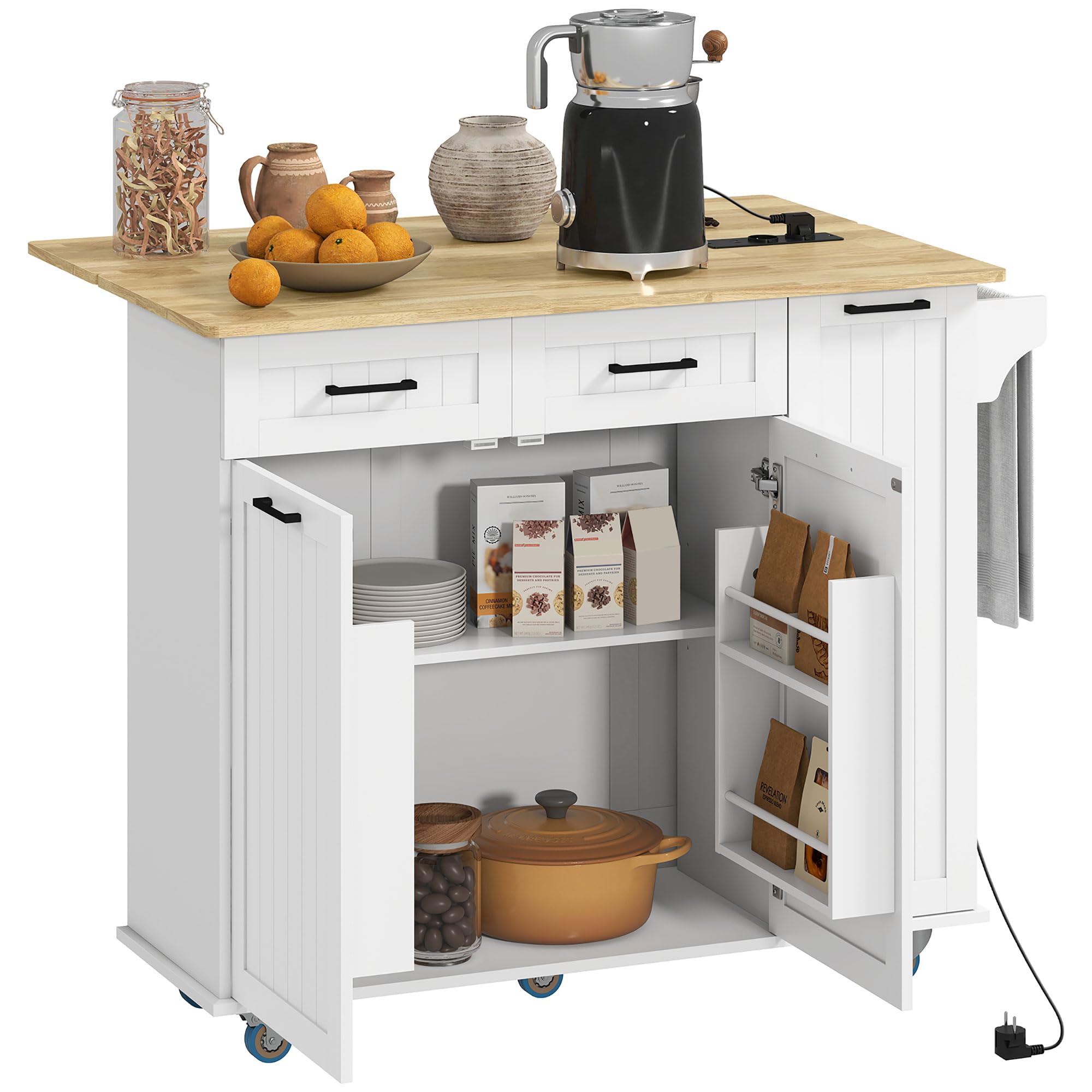 HOMCOM Isola Cucina con Ruote, Carrello Cucina con Stazione di Ricarica, Piano a Ribalta in Legno, Ripiani Regolabili, 2 Cassetti, Armadietto Estraibile, Portaspezie a Porta, Portasciugamani, Bianco