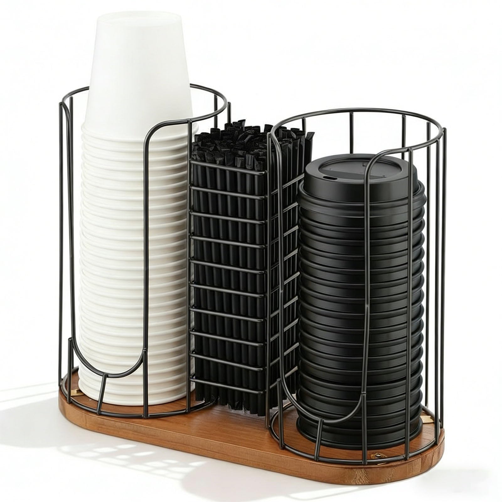 Geelin 18oz Adjustable Coffee Cup Dispenser with Wooden Base, Cup and Lid Holder, Cups Holder Organizer for Coffee Pod Straw and Lid Storage(3-Compartment Single,Color 1)