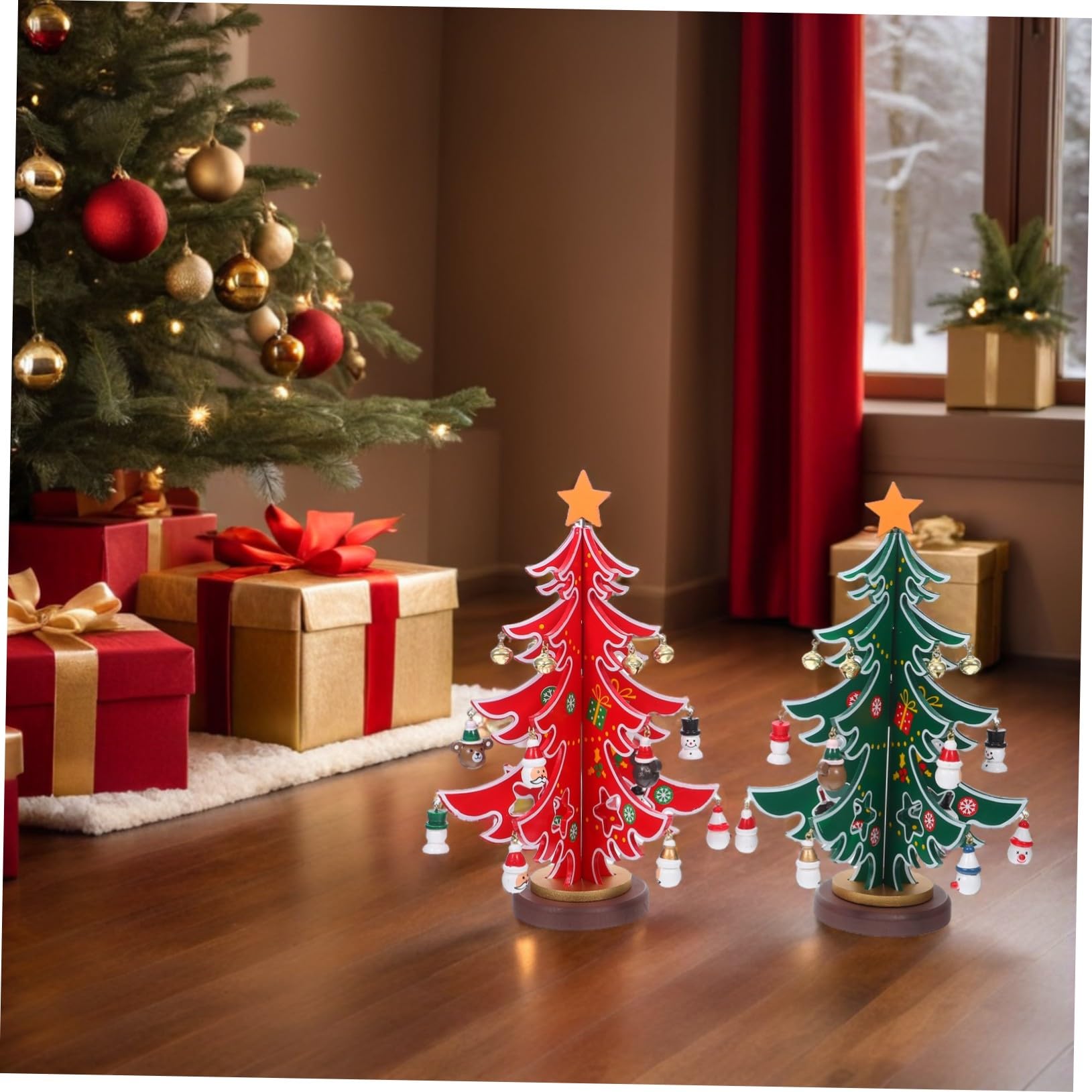 2 Piezas Mini Árbol de Navidad de Madera con Adornos Decoración de Mesa para Fiesta Navideña Centro de Mesa Festivo Diseño Artesanal Detallado y Natural