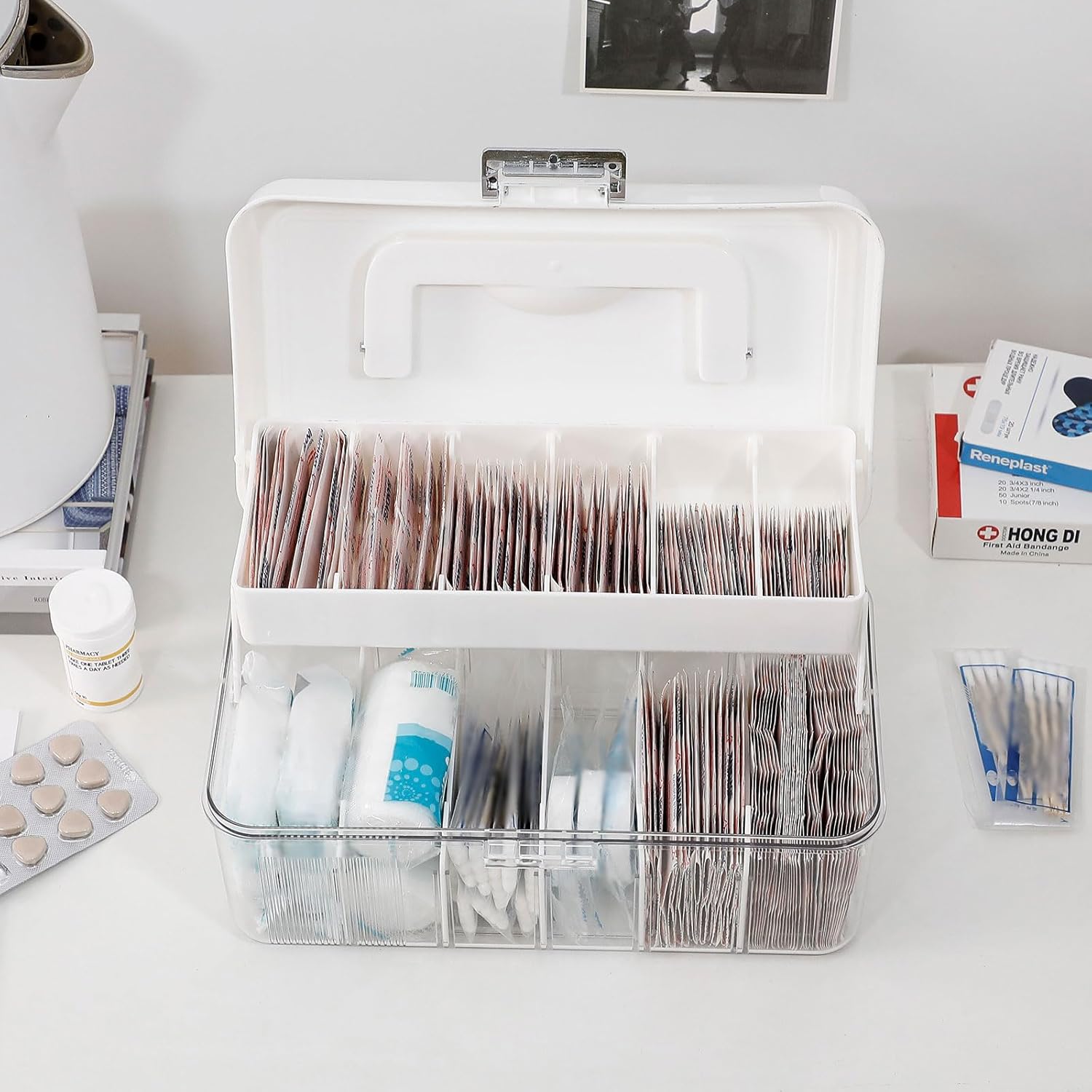 2 Pack Clear Bandages Organizer Container with Handle, Plastic Bandage and Tapes Storage Box for Bathroom Medicine Cabinet, First Aid, Personal Care, Strip, Ointments Holder