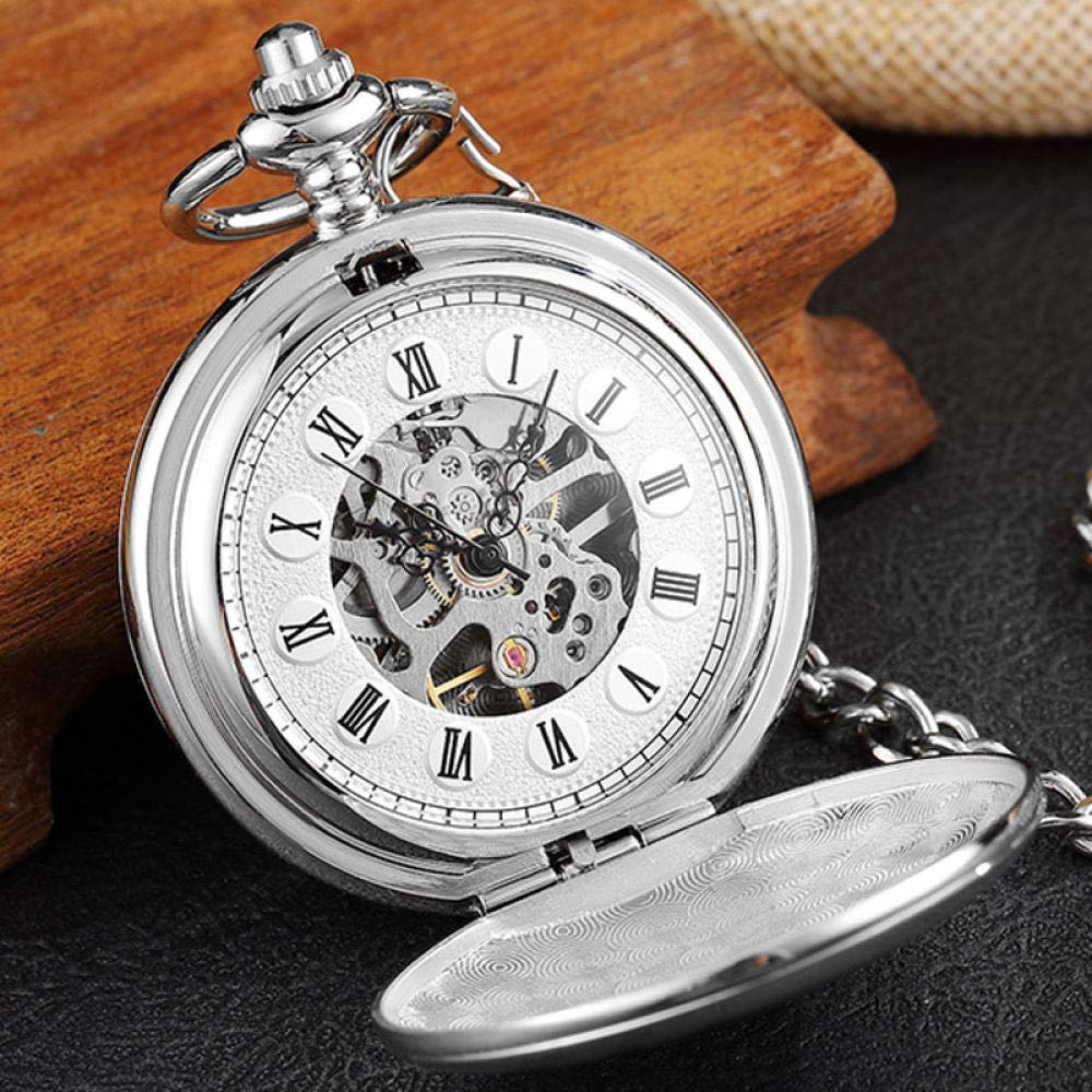 Silberne Edelstahl Vintage Mechanische Taschenuhrstreifen graviertes Doppelpass -Skelett Uhr Steampunk Männer Frauen Frauen