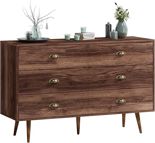 Miniatura 3 de LYNSOM Cómoda para dormitorio moderna cómoda doble de 6 cajones con tiradores de metal cómoda horizontal de madera para dormitorio