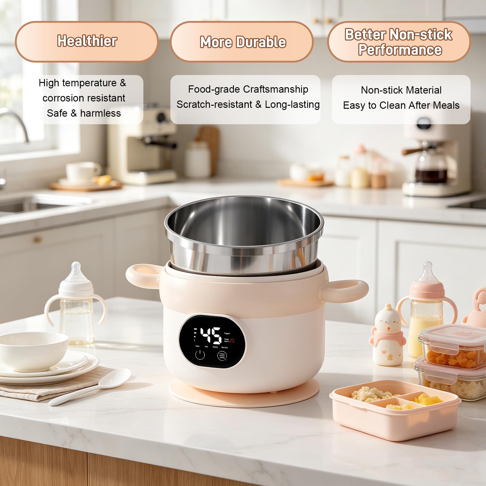 Recipiente TéRmico Para Alimentos, 470 Ml Fabricado En 304 Acero Inoxidable 3 Ajustes De Temperatura (45/50/55 °C) Resistente Al Agua Ipx7 FuncióN Yogurtera Con Pajita Tenedor Ventosa Y Cuchara