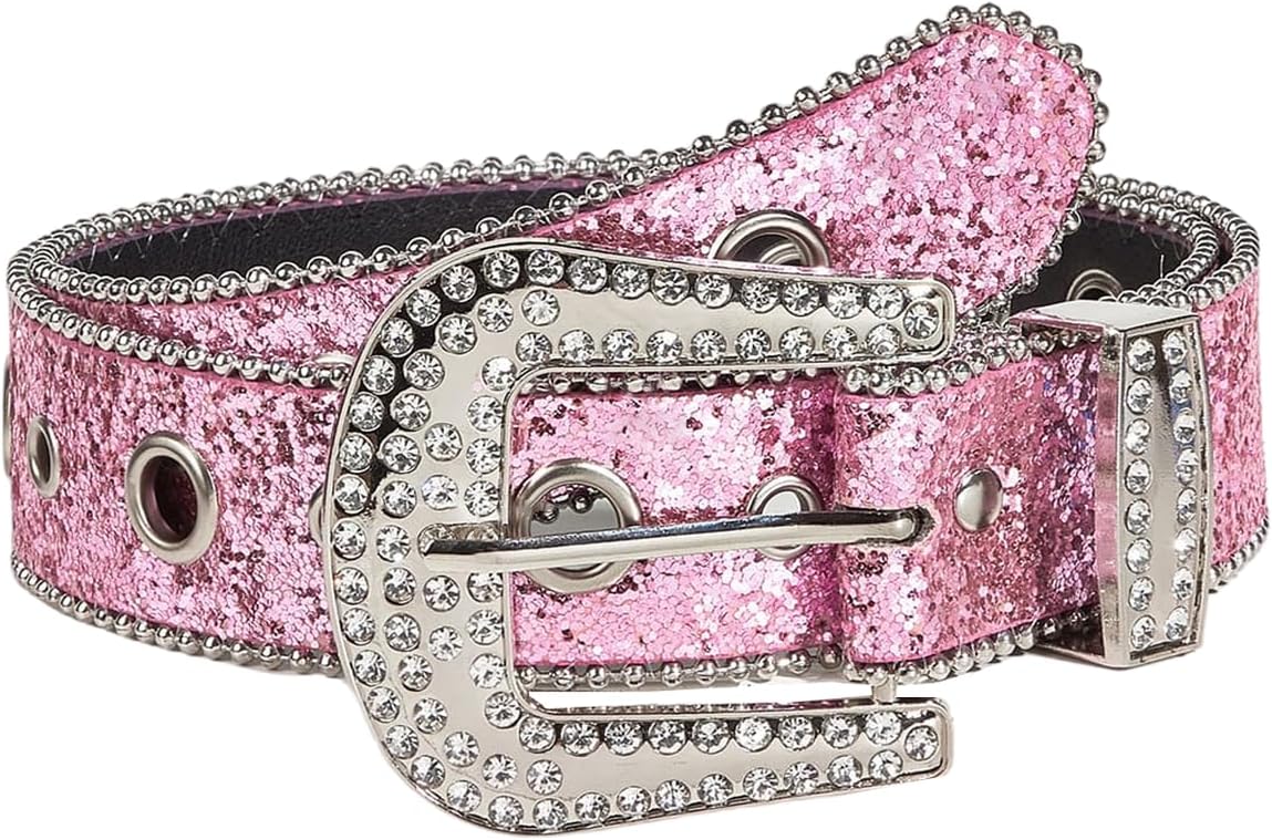 BEAUDRM Women's Y2K Butterfly Buckle Belt Glitter Sequin PU Leather Street Waist Belts