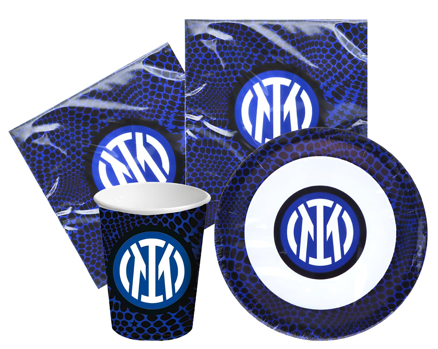 Kit Festa di Compleanno Inter 16 Persone (16 Piatti 18 cm, 16 Bicchieri di Carta 250 ml, 20 Tovaglioli 33x33 cm)