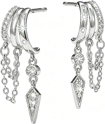 2PCS Small Hoop Earrings for Women, Triple Small Opening Ring Type Silver Earrings for Women, Simple and Exquisite Tassel Chain Hanging Style Hypoallergenic Earings Gifts for Friends