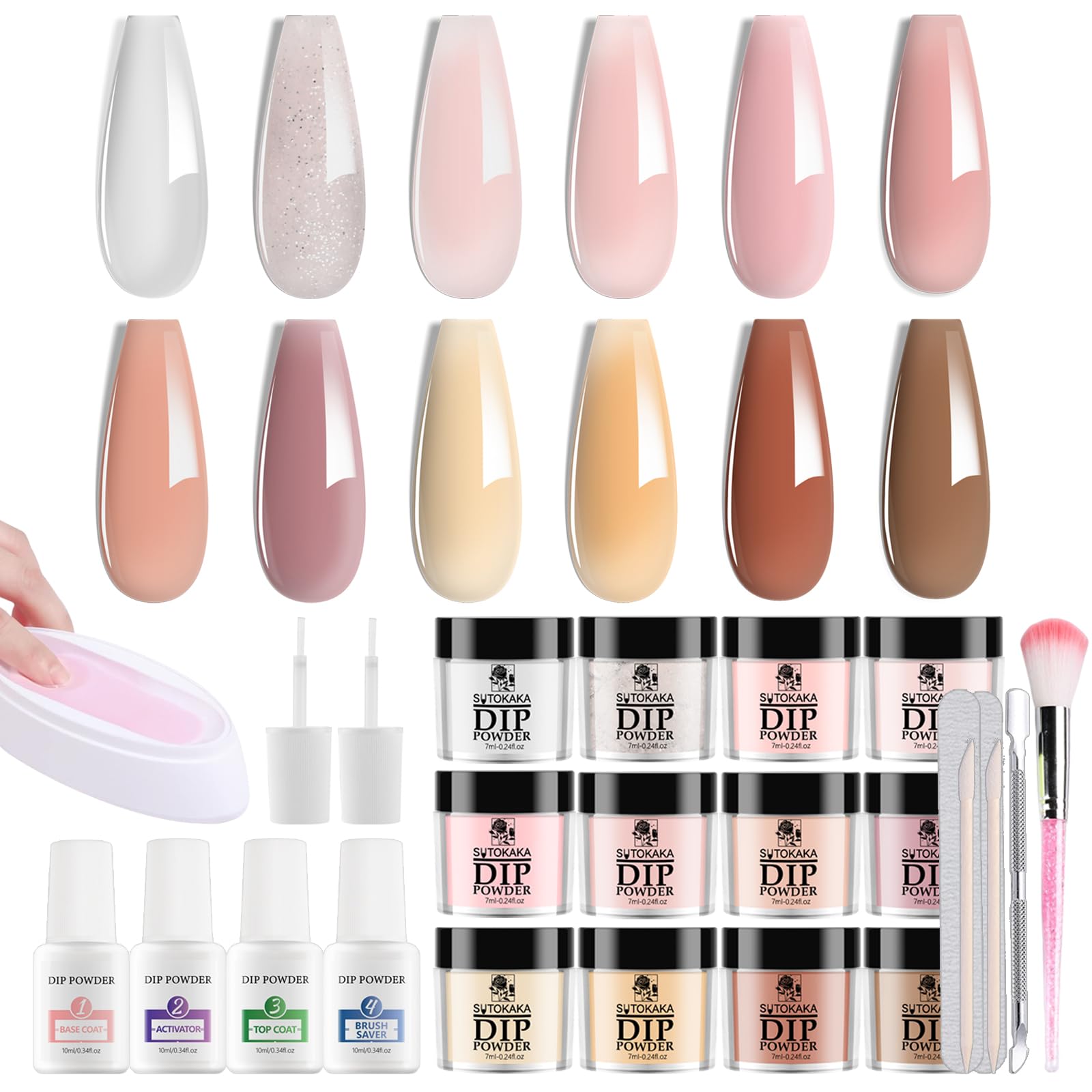 SUTOKAKA Dip Powder Nail Kit Starter, 12 Colors Clear Nude Pink Glitter Acrylic Dipping Powder Liquid Set with Top Base Coat Activator French Dip Tray