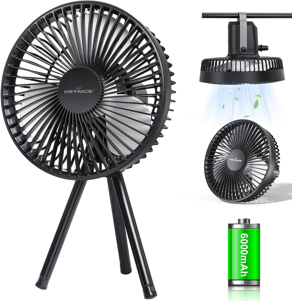 Keynice キャンプ扇風機 アウトドア扇風機 usb充電式 コードレス タイマー機能 吊り下げ 携帯用 卓上 リビング せんぷうき 小型 4段階風量調節 リズム風 LEDライト付き 6000mAh大容量電池 静音 強力 熱中症対策 伸縮式三脚スタンド 収納バッグ付き KN-1783