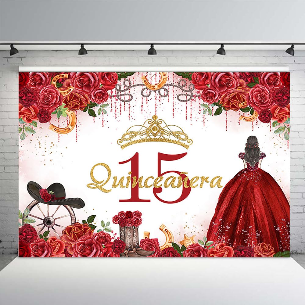 MEHOFOND 7x5ft QuinceañEra 15th Birthday Backdrop for Girl Sweet 15 Girl Red Floral Crown Photography Background Western Cowgirls Happy Birthday