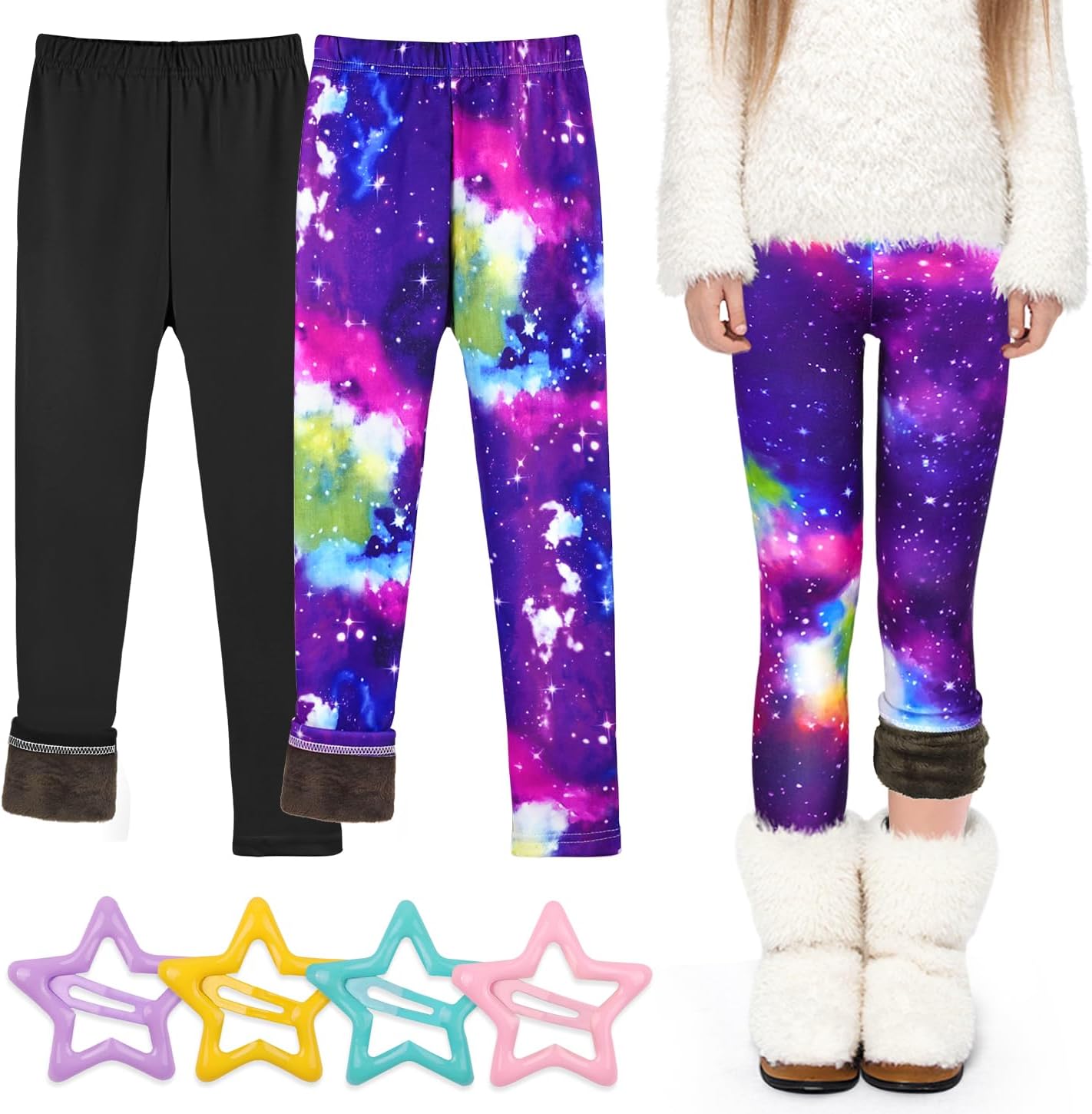 2 Pack Girls Fleece Lined Leggings – Warm Stretchy Winter Pants for School & Outdoor Play, Size 4-10 Years