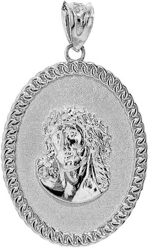 Religious Jewelry Sterling Silver Cuban Link Framed Jesus Face Oval Medallion Pendant