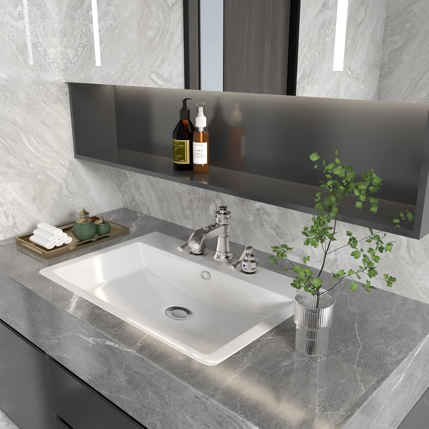 BWE 8 Inch Widespread Bathroom Faucet with Pop Up Drain with Overflow and Supply Line Waterfall 3 Holes Two-Handle Sink Faucets Brushed Nickel Lavatory Mixer Tap