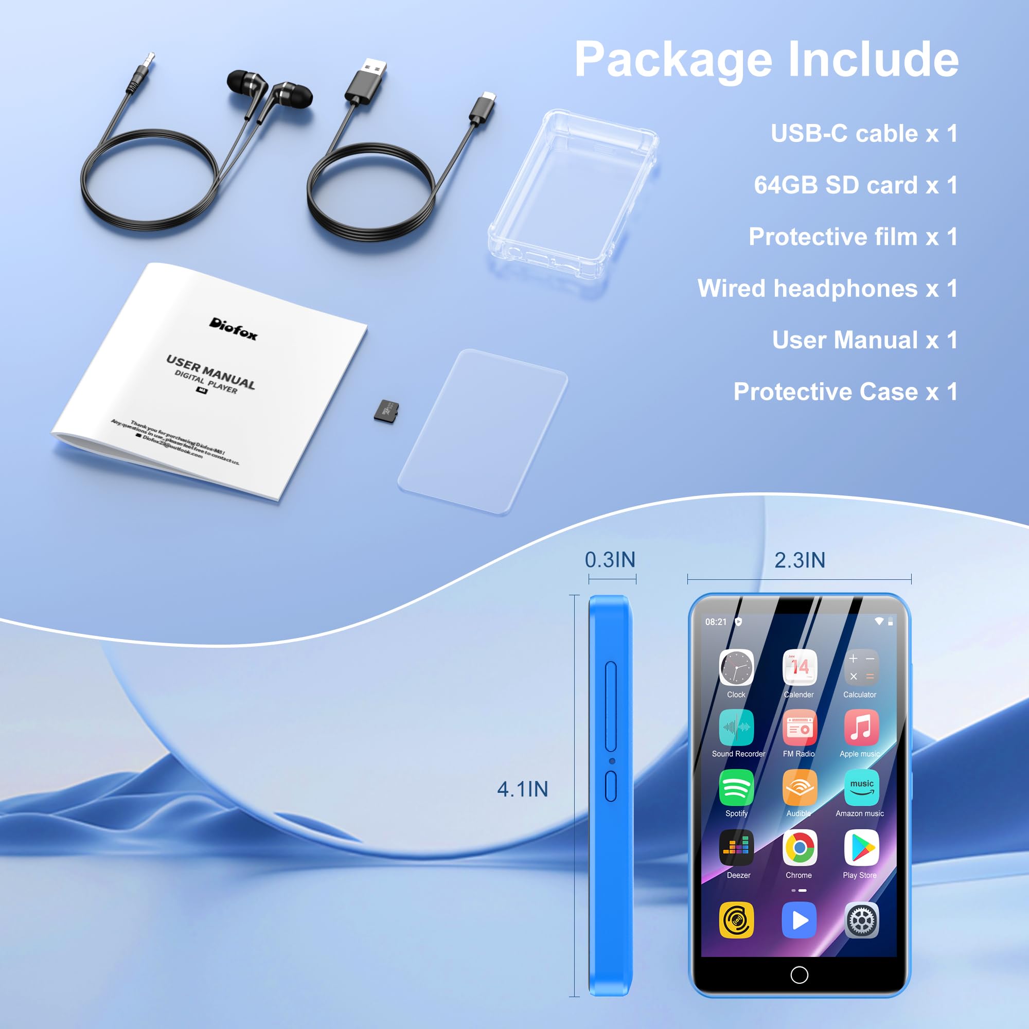 Lettore MP3 Diofox 80GB con Bluetooth e Wi-Fi, Lettore MP3 Android Spotify, Amazon Music, Audible, Lettore MP4 con touchscreen da 4 pollici, Musica in streaming, Play Store, Radio FM, Deezer - Blu