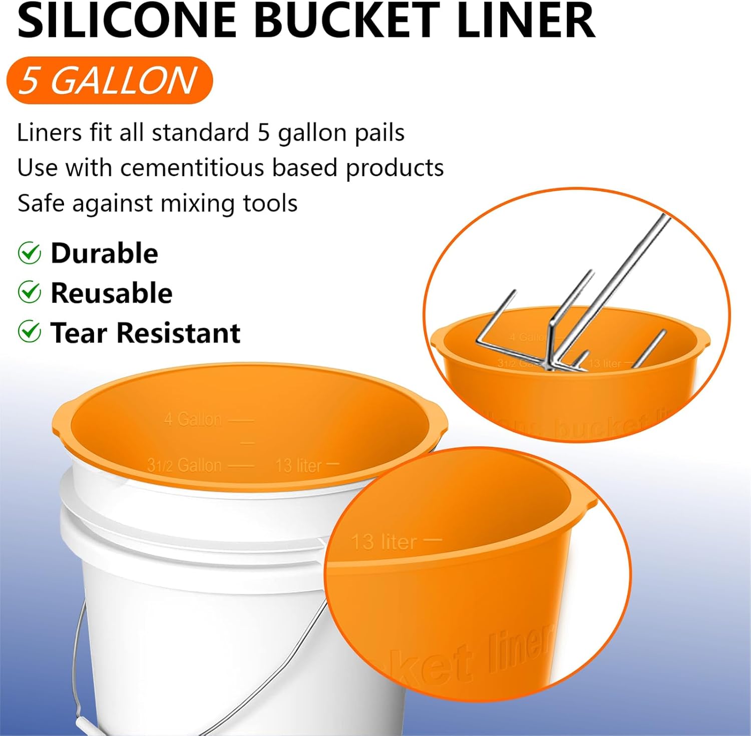 2-Pack 5 Gallon Silicone Bucket Liner – Reusable Rubber Bucket Saver for Thinset, Mortar, Grout, Concrete & Paint Mixing with Graduated Measurements, Fits Standard 5-Gal Buckets (Orange)