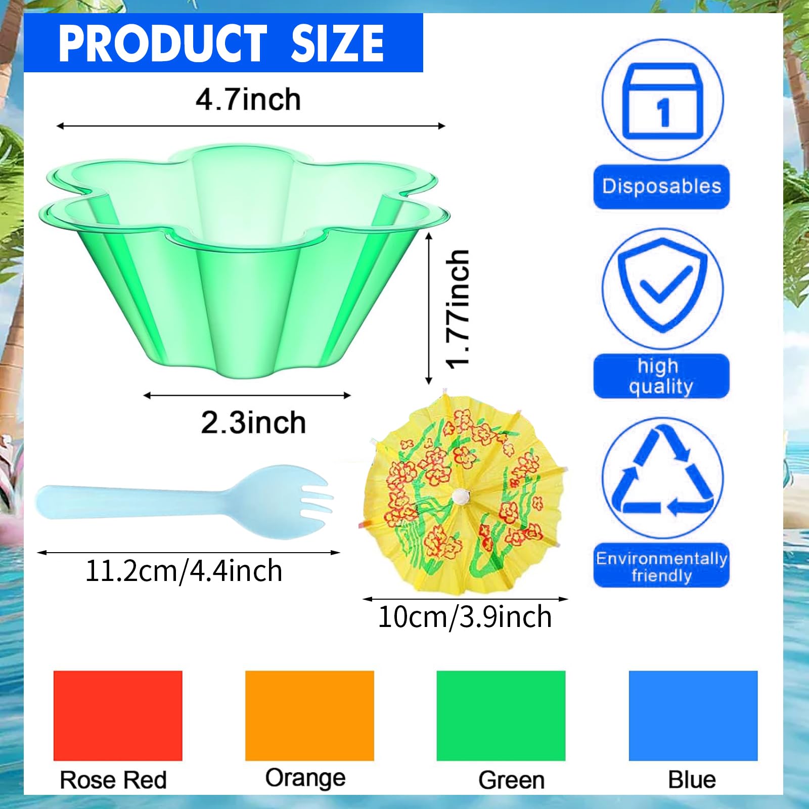 Huaerle 150 Pieces Ice Cream Cups and Spoon with Paper Umbrellas, Colorful Small Plastic Dessert Bowls Snack Ice Cream Cups for Holiday Party Summer Cookout Kids Birthday, 8 OZ