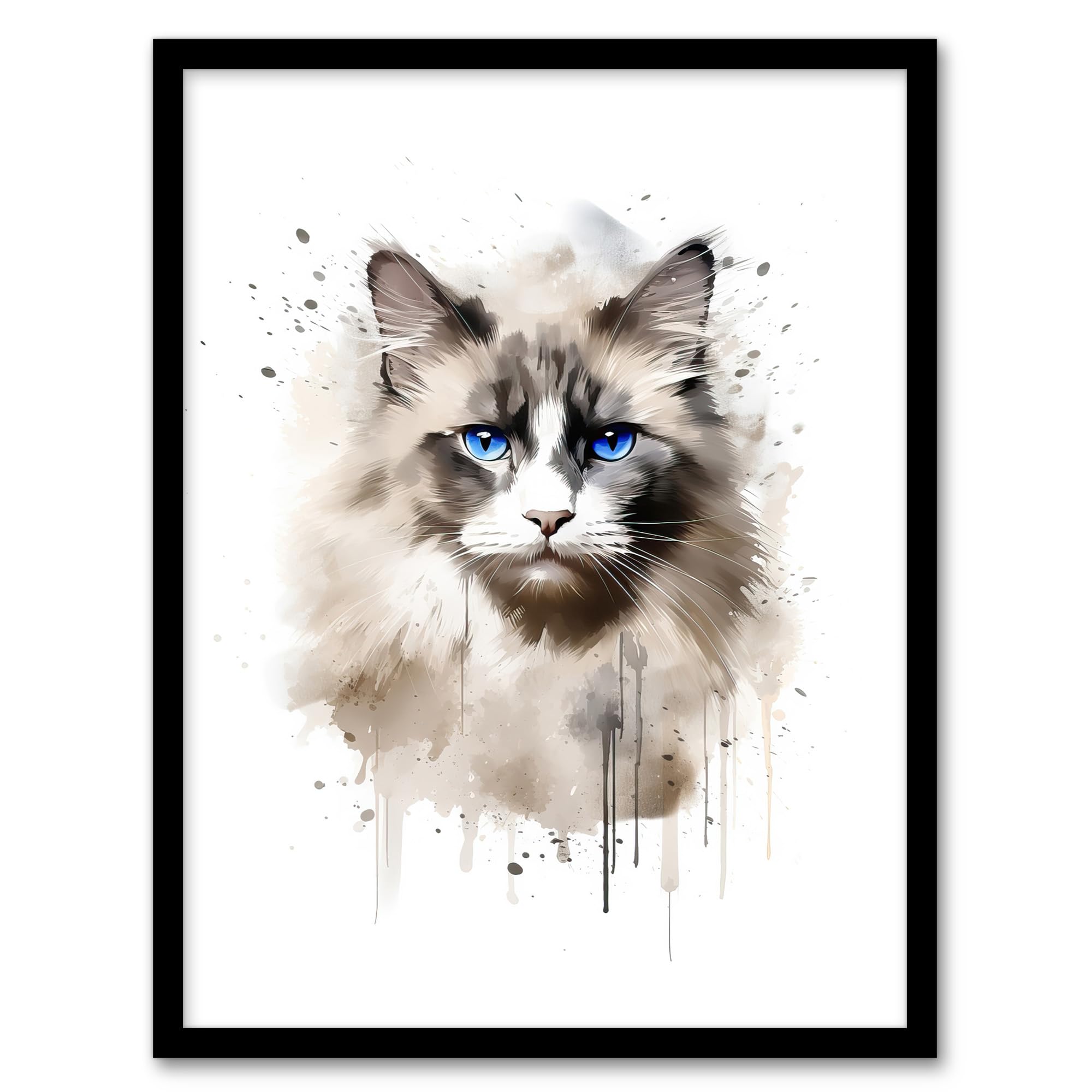 Artery8 Grey Point Ragdoll Cat Blue Eyes Watercolour Art Print - Framed A4