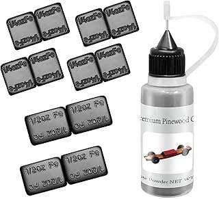DerbyCraftPro Pinewood Car Kit-Pinewood Car Weights & Graphite Powder-Derby Weights(4OZ 12 Pieces) & 0.5OZ Graphite Lubricant–Precise Weighting, Adjust The COG, Speed Boost for Wheels & Axles