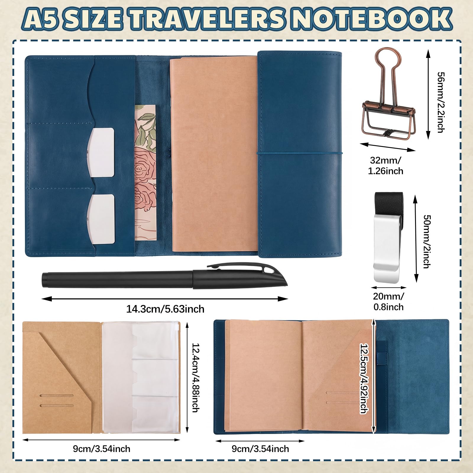 Eaasty Carnet de notes rechargeable en cuir véritable A5 avec porte-stylo, emplacements pour cartes, 3 recharges, poche en PVC, cadeau pour voyage, travail, organiseur d'écriture créatif (bleu)