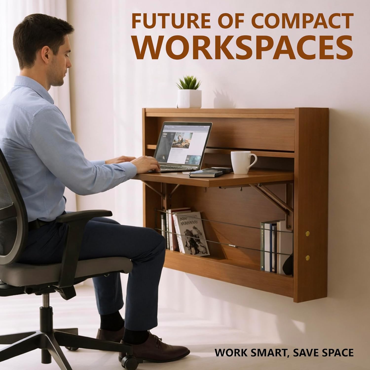 Wall Mounted Desk 31 Inches, Folding Table with Shelves, Space Saving Computer Desk, Floating Table, Multi-Purpose Folding Desk Perfect for Workstations, Dining, or Laundry Area.