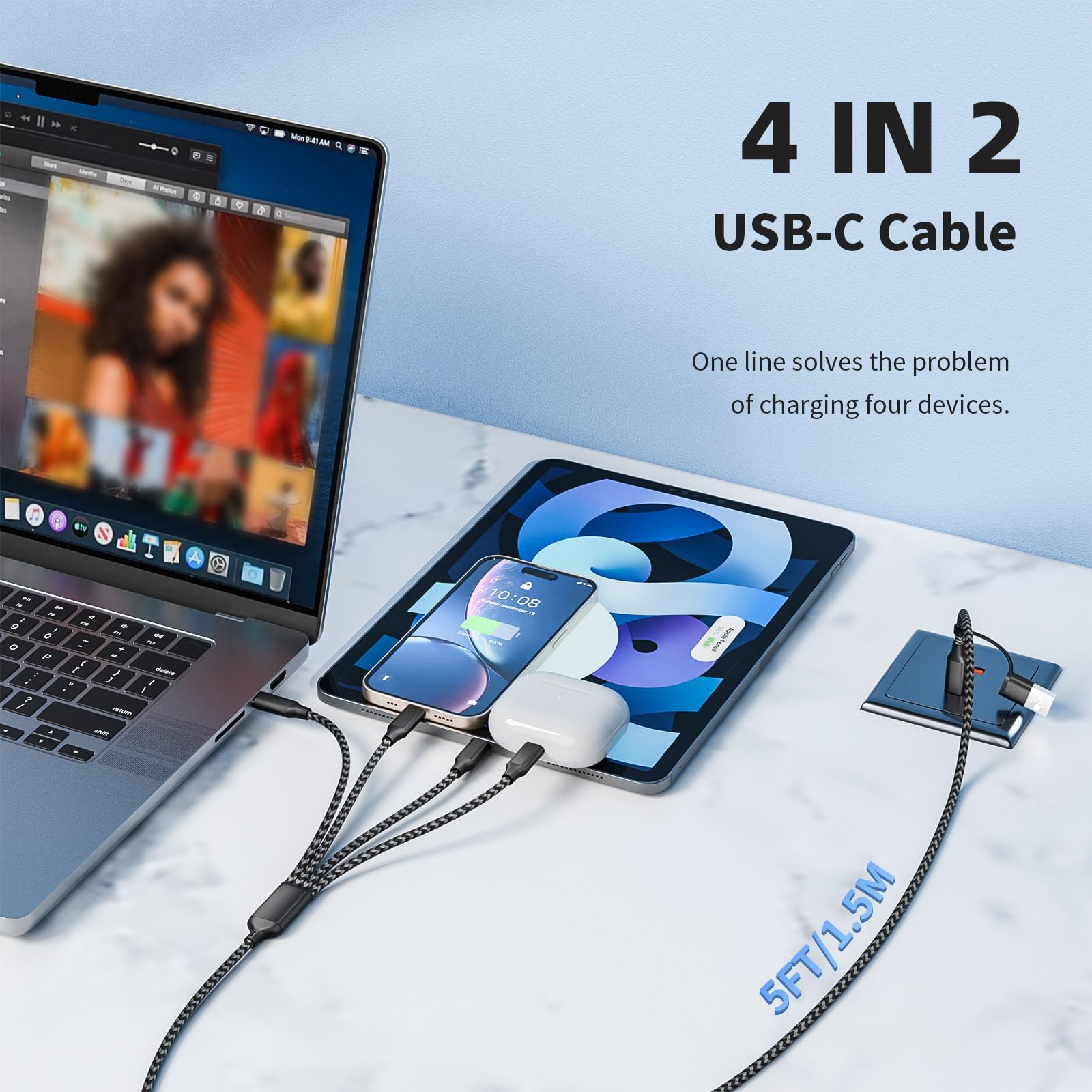 Cavo di ricarica multi splitter USB C, 1 confezione, cavo di ricarica USB A/C a USB C, cavo di ricarica doppio tipo C, cavo di ricarica multi 4 in 2 con 4 connettori di tipo C compatibile con iPhone