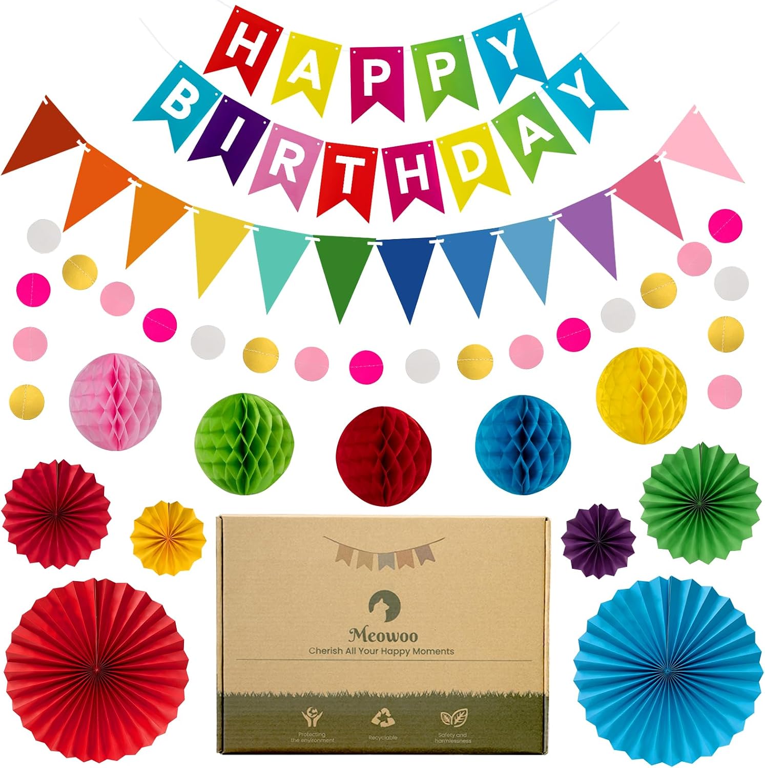 Meowoo Rainbow Happy Birthday Banner Set - 1 Banner, 2 Buntings, 6 Fans, 5 Honeycomb Balls