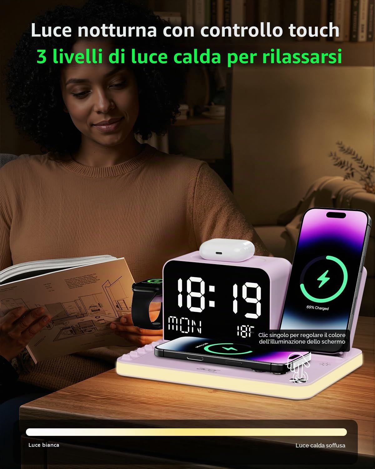 Acer Stazione di ricarica wireless 7 in 1 con orologio a LED, caricabatterie wireless veloce da 30 W per iPhone 16/15/14/13/12/Pro Max, Apple Watch, AirPods, sincronizzazione automatica dell'ora e