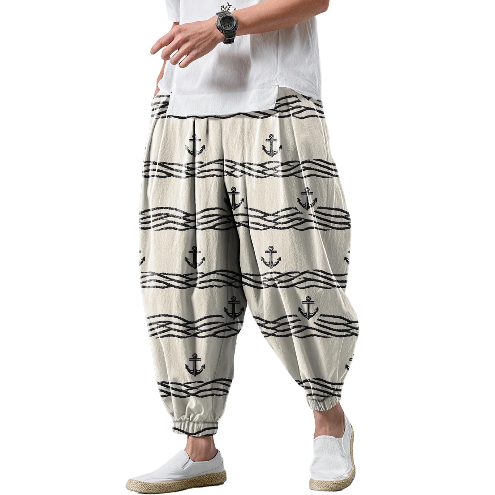 MARSVOVO Harem Pants for Mens Fashion Trousers Loose Elastic Waist Drawstring Belted Casual with Pockets Japanese Style