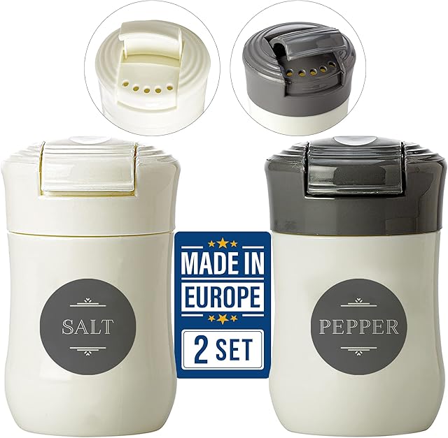 CRYSTALIA Plastic Salt and Pepper Shakers, Moisture Proof Set of 2, BPA Free Plastic Mini Salt Shakers with Lid, Outdoor Kitchen Camping Travel Spice Seasoning Set, Travel Salt and Pepper Sets