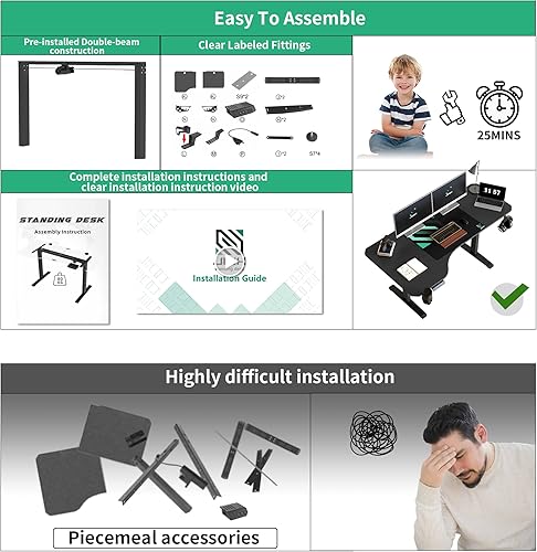 Miniatura 10 de JWX Escritorio ajustable de pie, escritorio eléctrico en forma de L de 63 pulgadas para juegos con ruedas de bloqueo, soporte para tazas, gancho