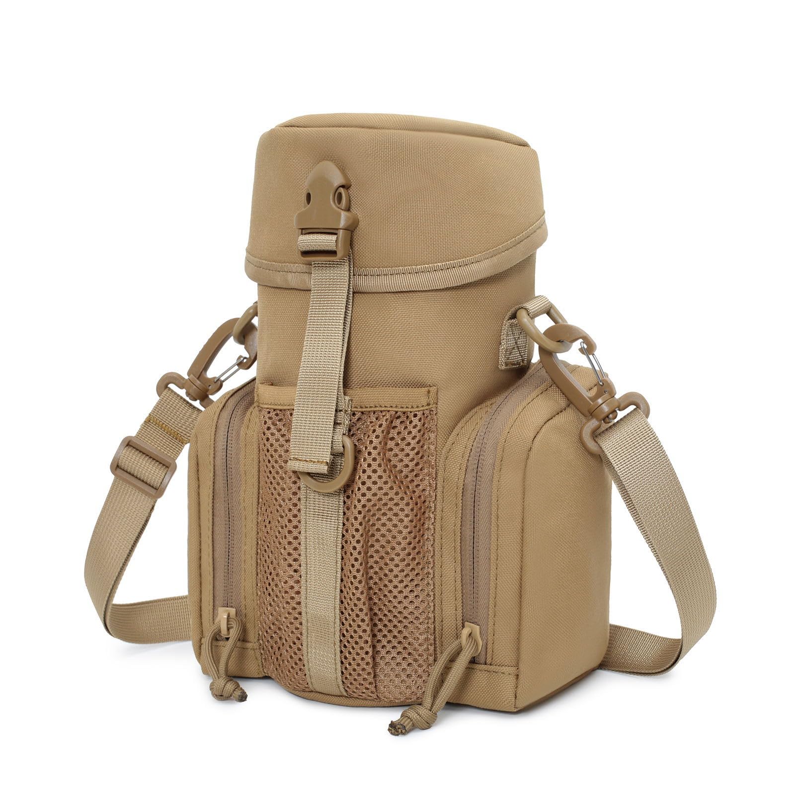Gexgune Molle Water Bottle Pouch for 64 oz Wide Mouth Bottles - Military Grade Hydration Carrier with Adjustable Shoulder Strap, 2 Zipper Pockets & Front Mesh Pocket (Khaki) โ image 1