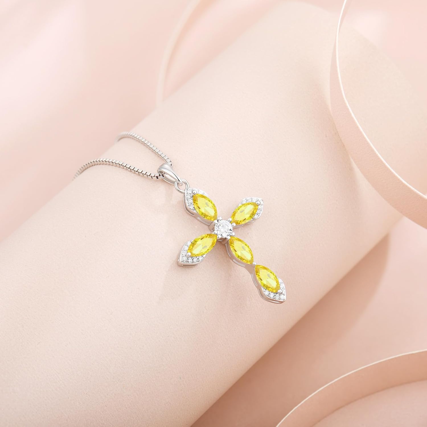 Women Cross Necklace 925 Sterling Silver Halo Gemstone Necklace Crucifix Religious Pendant Birthstone Jewelry Gifts for Her - Image 3