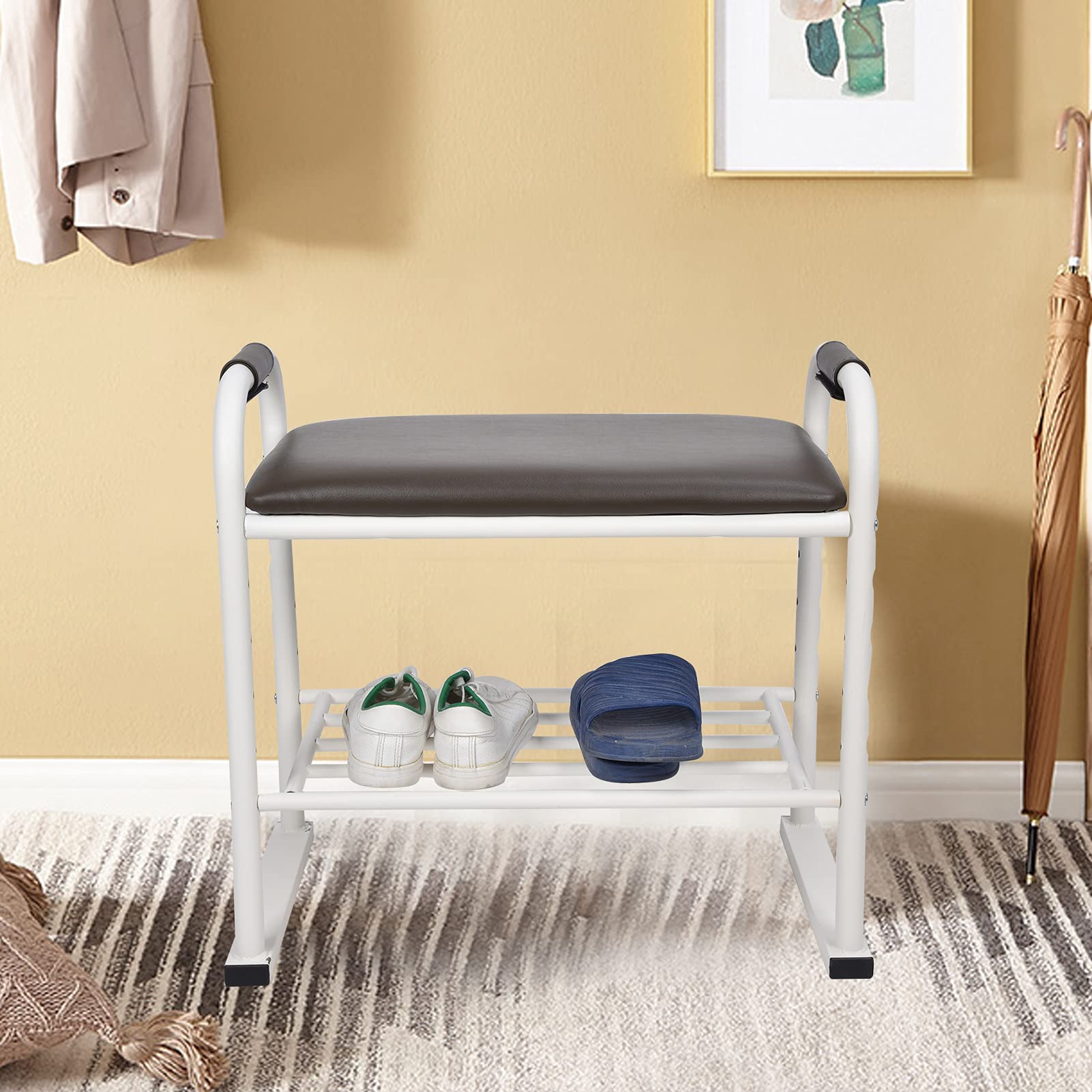 Ejoyous Banco para Zapatos con Cojín de Esponja Zapatero Tubo de Hierro y Taburete de Almacenamiento de Madera Compuesta 54,5 X 58 X 36 Cm Carga de 150 Kg para Entrada Pasillo Sala de Estar Dormitorio