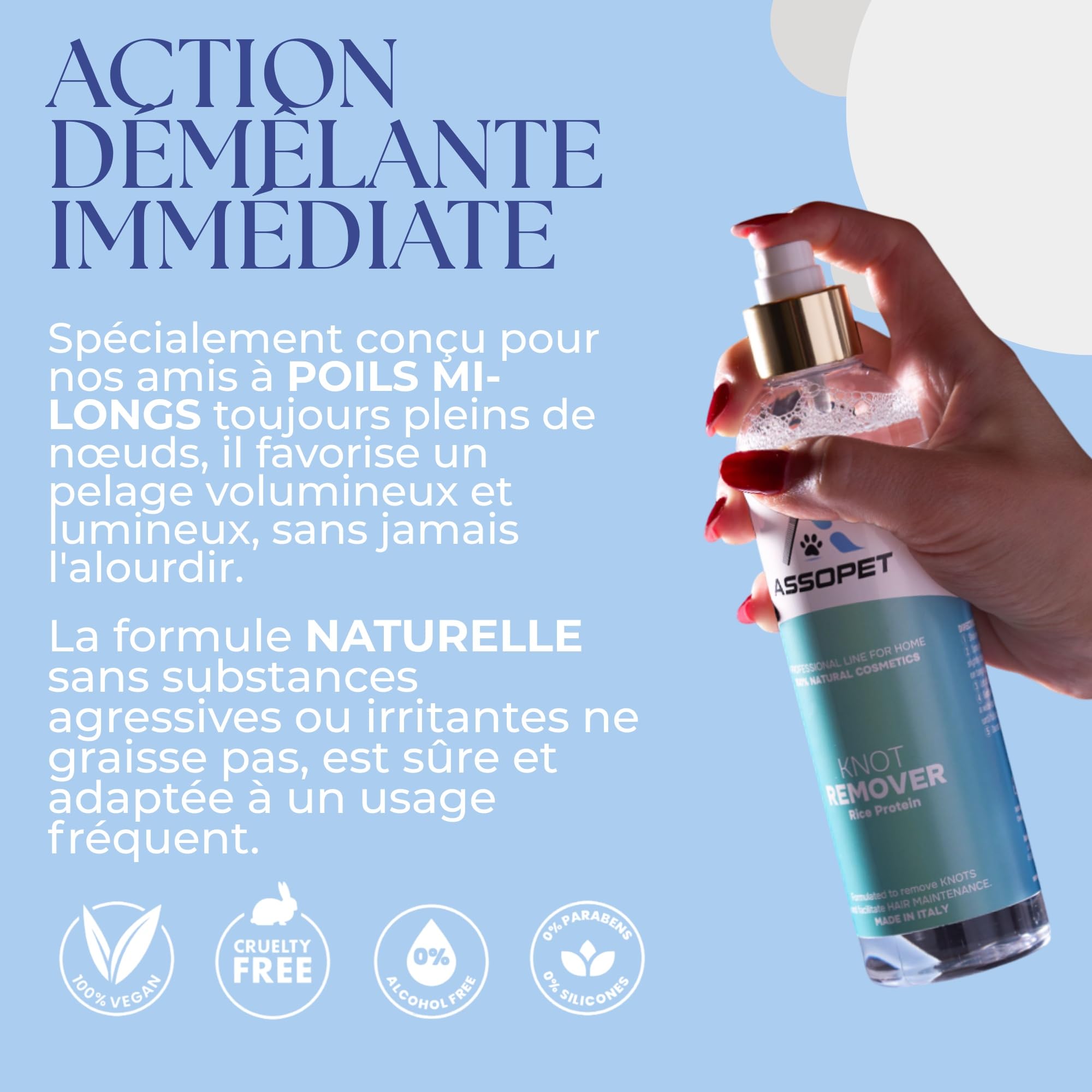 Spray Démêlant Chien 250ml - ASSOPET - Démêlant Poils Chien sans Rinçage, avec Phytokératine et Protéines de Riz - Brillance et Coiffage Immédiat - Non Gras, Usage Quotidien, Made in Italy